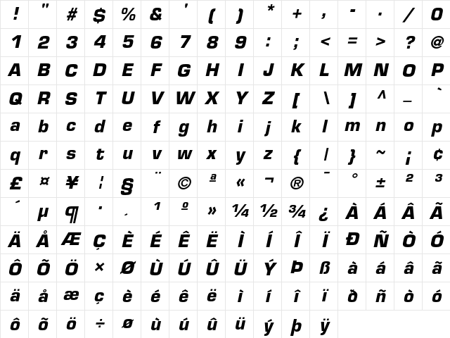 Eurostile Bold Oblique Character Map
