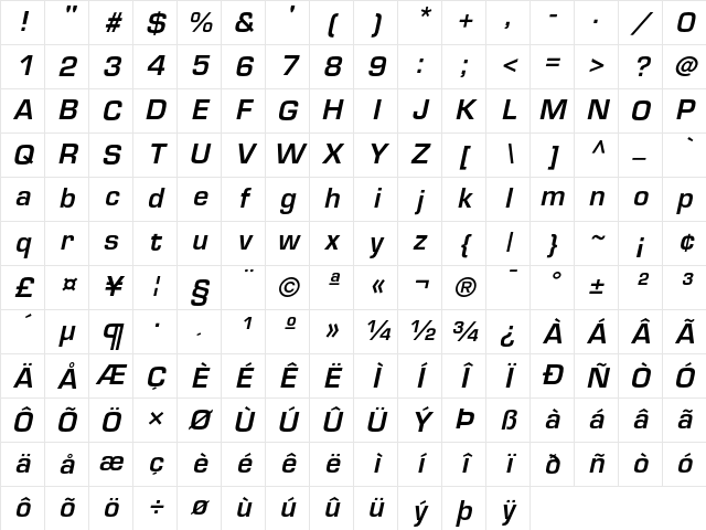 Eurostile Demi Oblique Character Map
