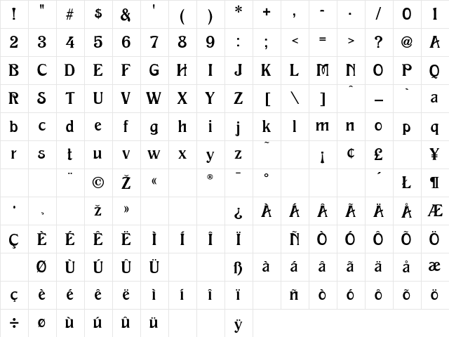 Excelsior Regular Character Map