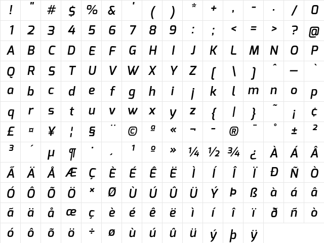 Exo Demi Bold Italic Character Map
