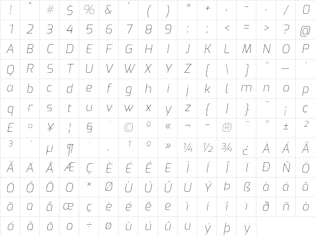 Exo Thin Italic Character Map