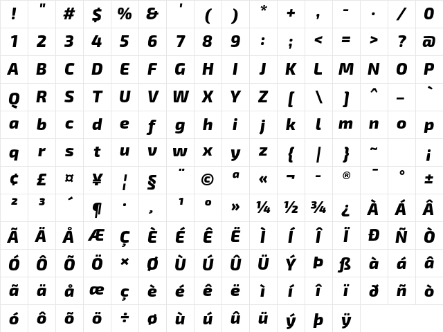 Exo 2 Extra Bold Italic Character Map