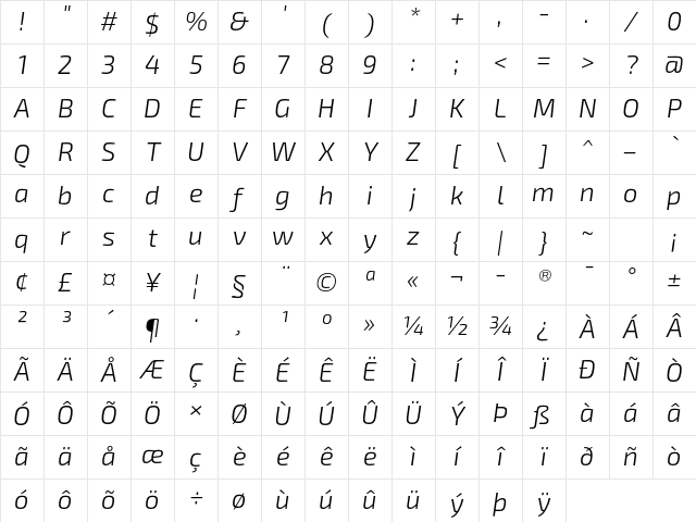 Exo 2 Light Italic Character Map