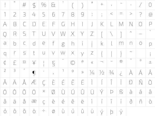 Exo 2 Thin Character Map