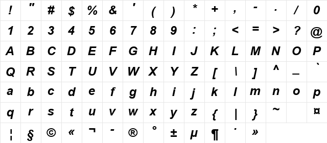 Arial Cyr Bold Italic Character Map