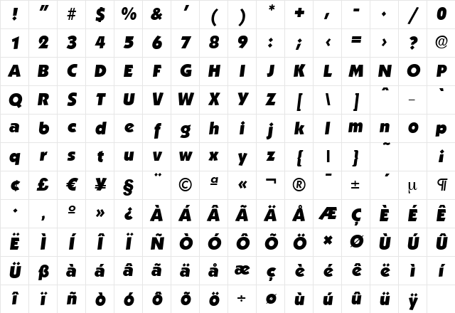 KoblenzSerial-Heavy Italic Character Map
