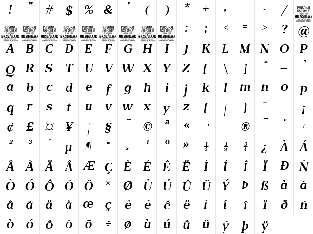 Blaak Regular PERSONAL USE Italic Character Map