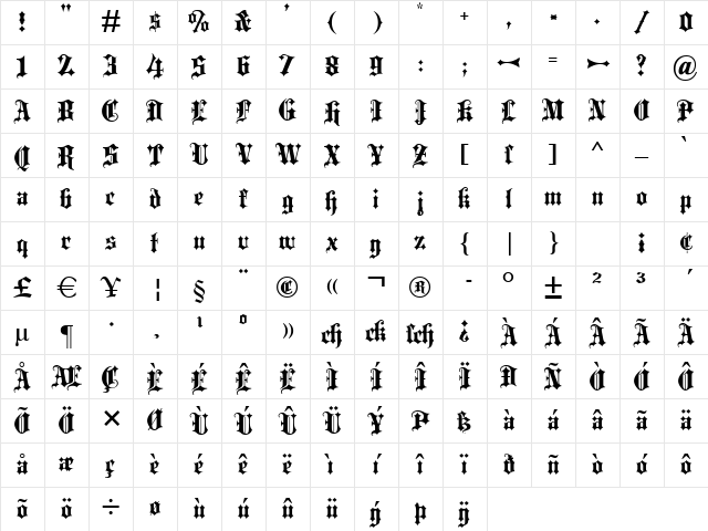 Blackletter ExtraBold Character Map