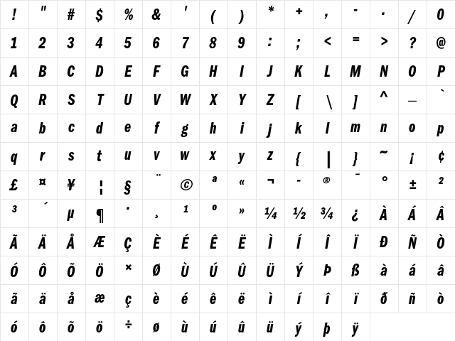 ITC Franklin Gothic Demi Compressed Italic Character Map