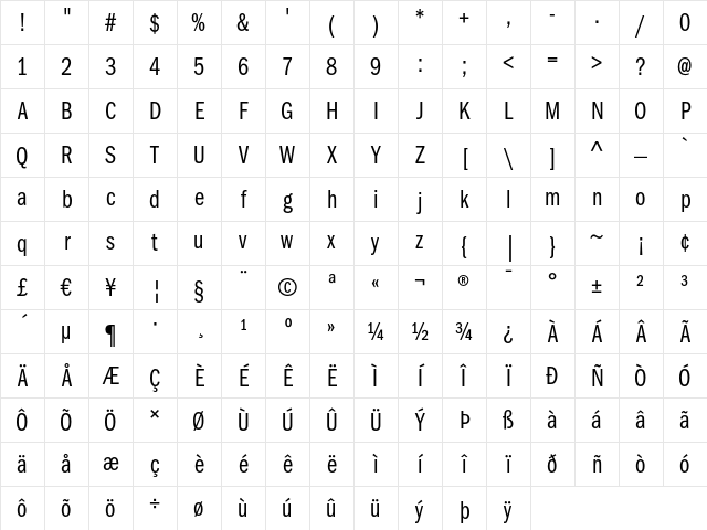 ITC Franklin Gothic LT Book Compressed Character Map