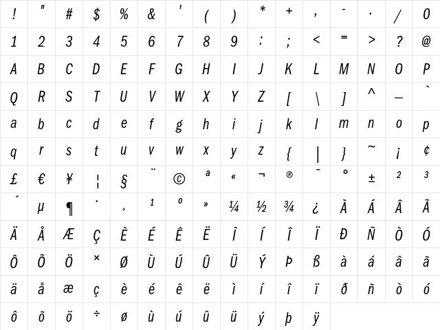 ITC Franklin Gothic LT Book Compressed Italic Character Map