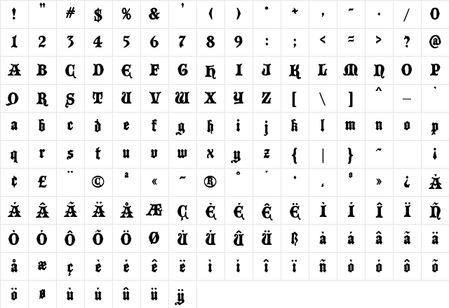BlackCastleMF Regular Character Map