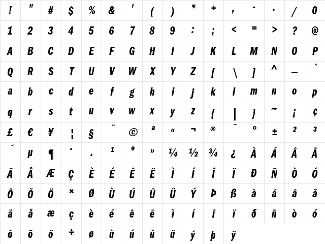 ITC Franklin Gothic LT Demi Compressed Italic Character Map