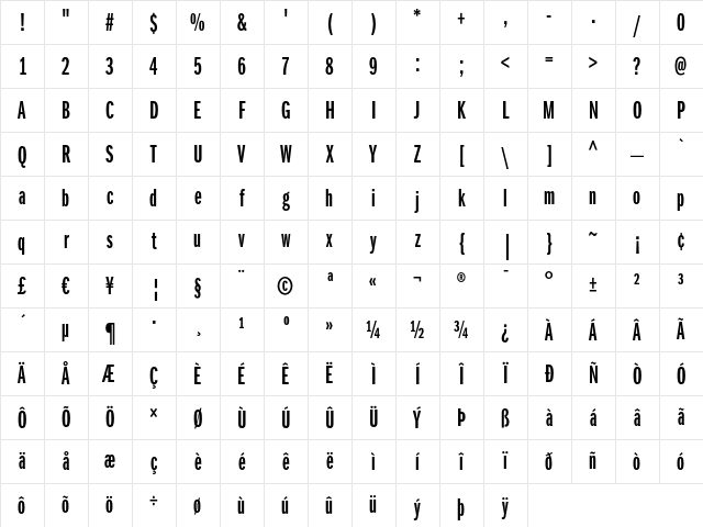 ITC Franklin Gothic LT Demi Extra Compressed Character Map