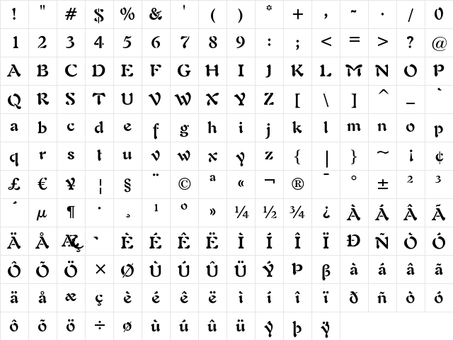 Freeform 721 Bold Character Map