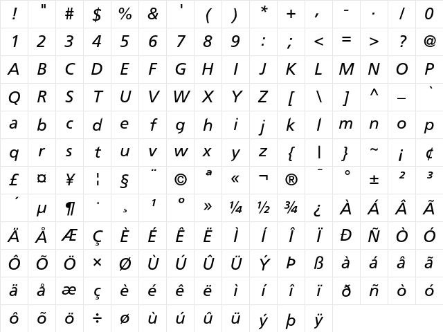 FreewayRomanItalic Regular Character Map
