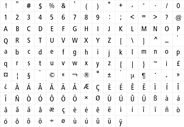 Frutiger BQ Regular Character Map