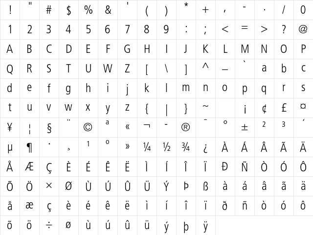 Frutiger LT Std 47 Light Condensed Character Map