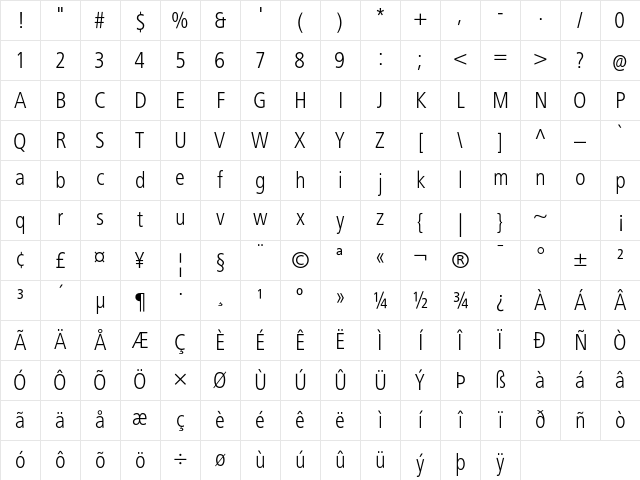 FrutigerNextLT Light Cond Character Map