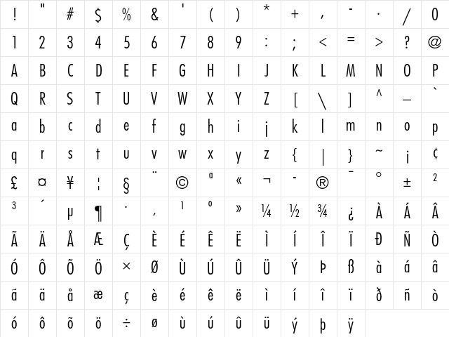 Futura Light Condensed Character Map