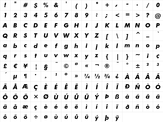 Futura Bold Italic Character Map