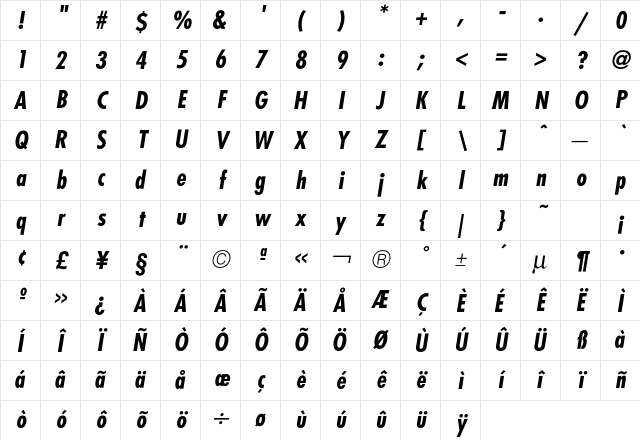 Futura CondBoldOblique Character Map