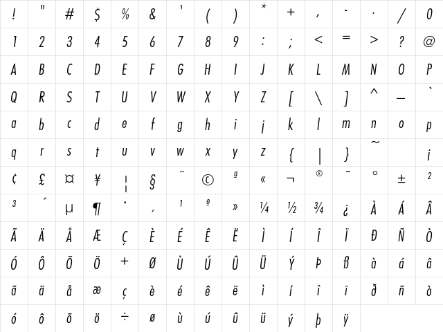 FuturaEF LightCondObl Character Map
