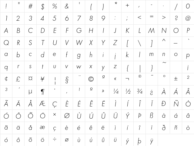 FuturaEF LightObl Character Map