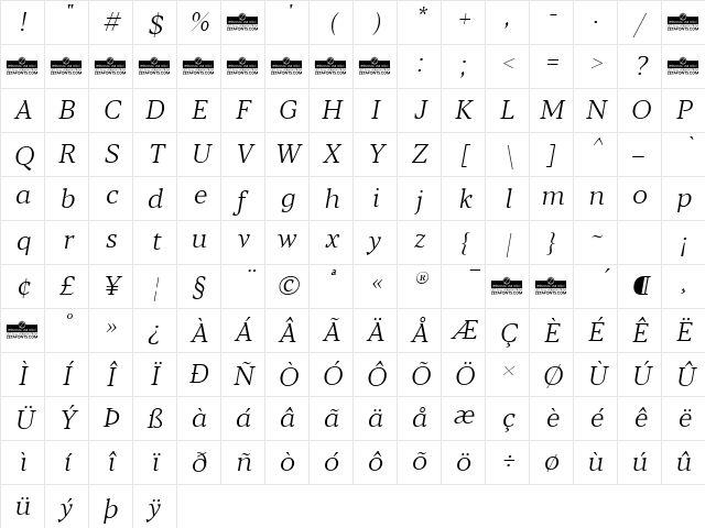 Blacker Text Light Italic Character Map