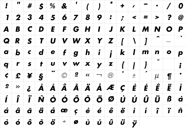 FuturaICG BoldOblique Character Map