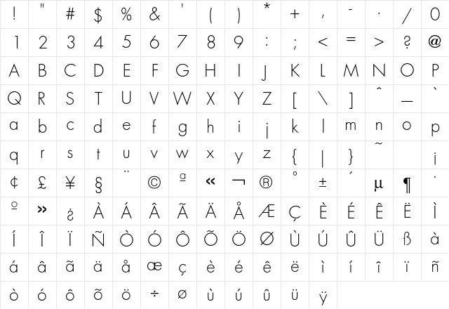 FuturaICG Light Character Map