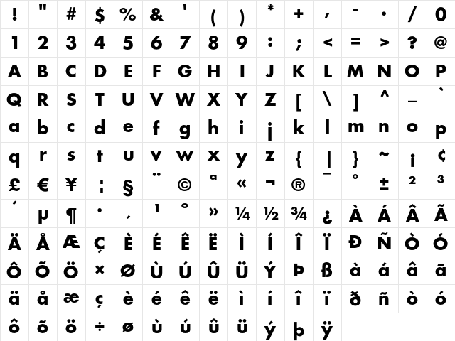 Futura LT Bold Character Map