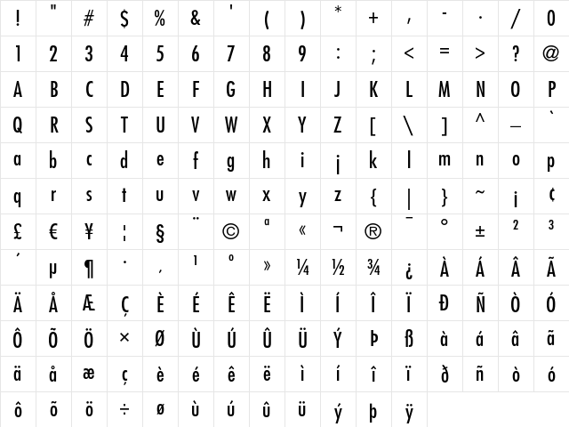 Futura LT Condensed Medium Character Map