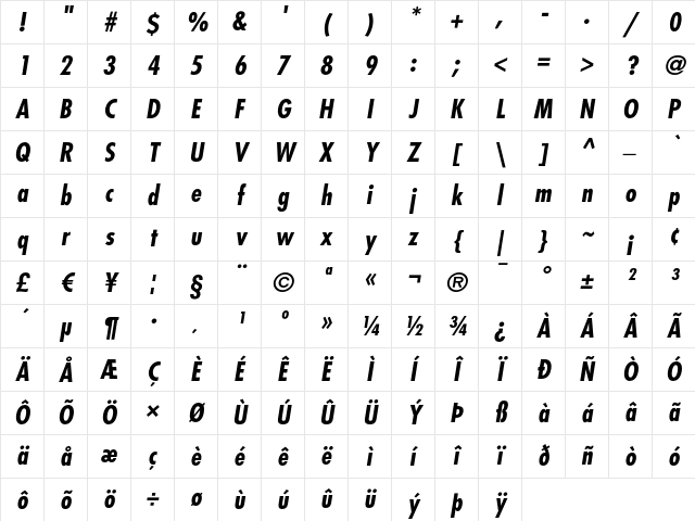 Futura LT Condensed Bold Oblique Character Map