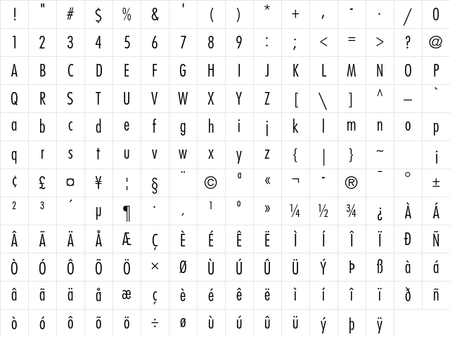 Futura Std Light Condensed Character Map