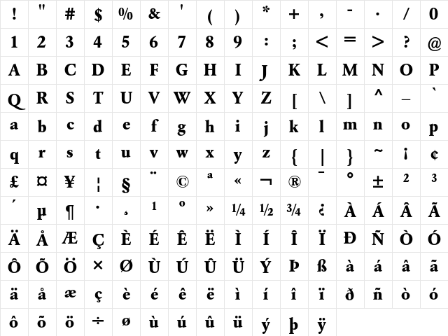 Garamond BE Bold Character Map
