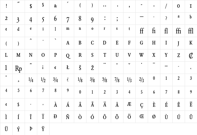 Garamond BE Condensed Expert Character Map