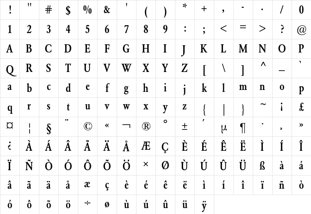 GaramondCondensedBQ Regular Character Map