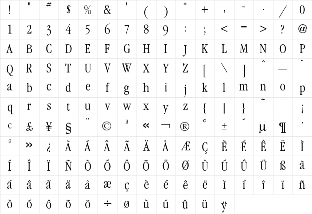 Garamond CondLight Character Map