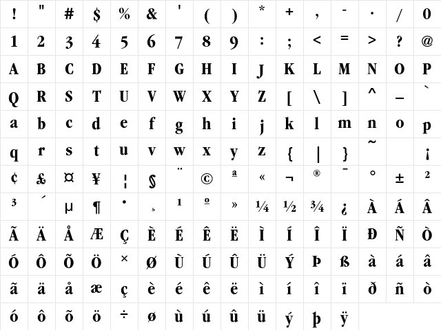GaramondEF BoldCondens Character Map