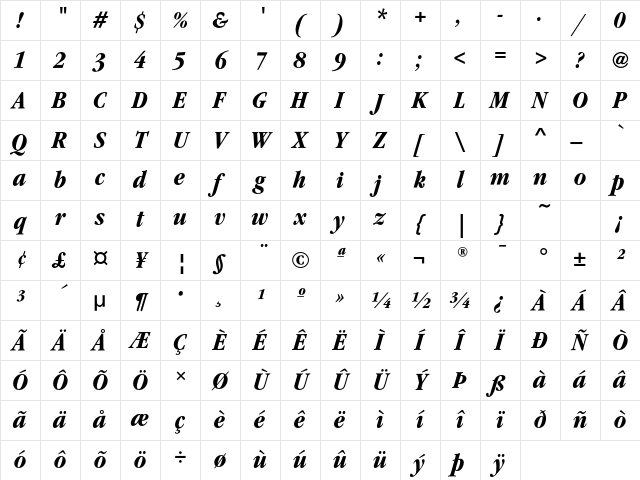 GaramondEF BoldCondensItalic Character Map