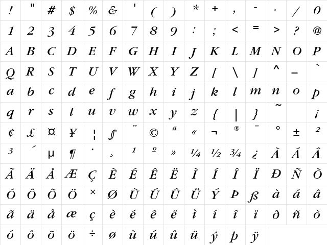 GaramondEF BookItalic Character Map