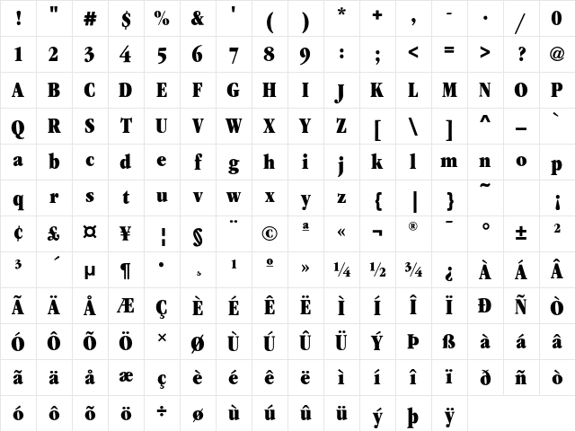GaramondEF UltraCondensed Character Map