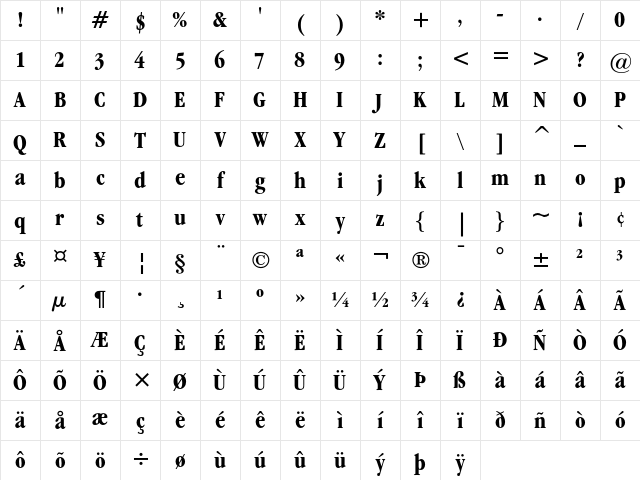 ITC Garamond Bold Condensed Character Map