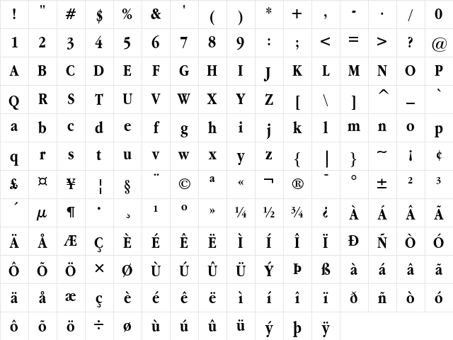 ITC Garamond Bold Narrow Character Map