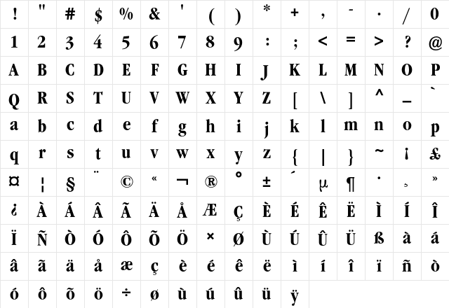 Garamond ITC Condensed BQ Regular Character Map