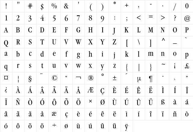 Garamond ITC Condensed BQ Regular Character Map Garamond ITC Condensed BQ Regular Character Map