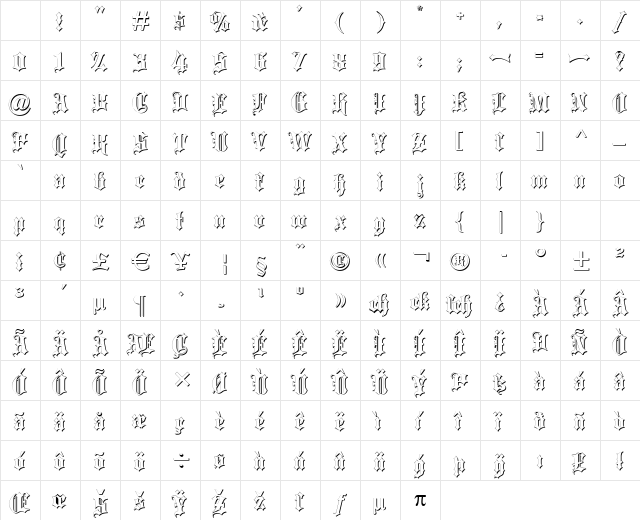 Blackletter Shadow Medium Character Map