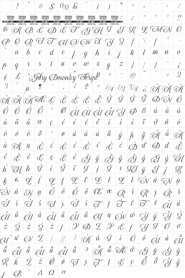 Gary Downley Script PERSONAL Regular Character Map