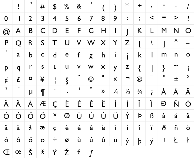 Gill Sans Regular Character Map